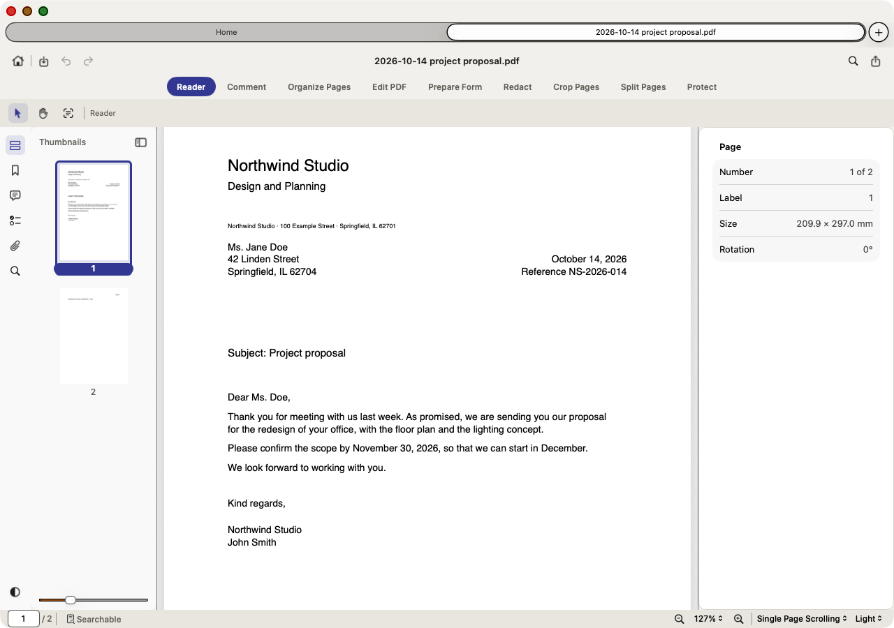 Reader mode showing a project proposal renamed by the date printed in it