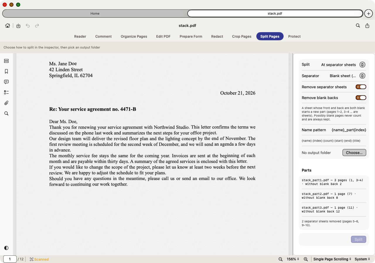 Split Pages preview listing three parts with separator sheets removed